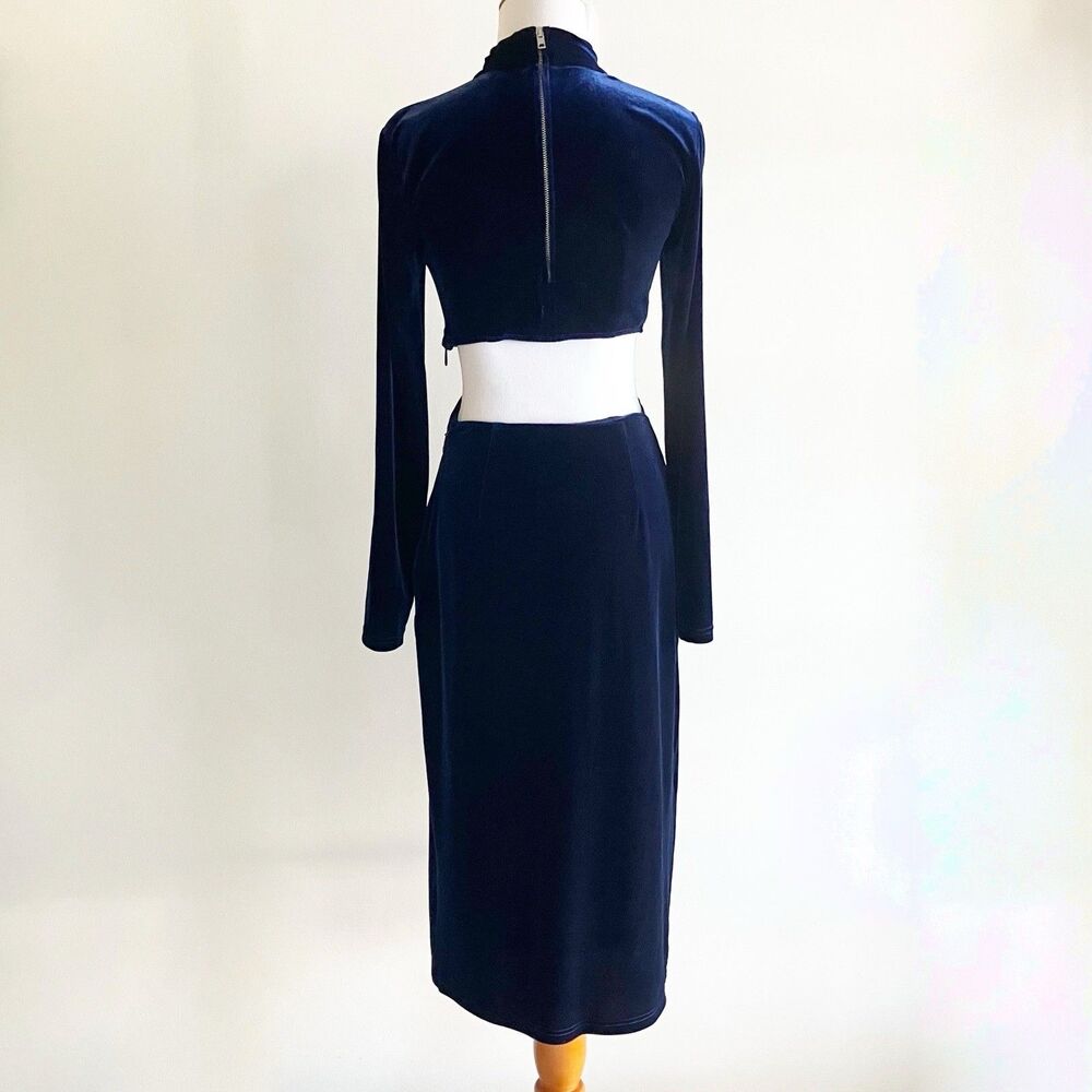 Ronny Kobo Navy Velvet Midi Dress XS Long Sleeve Cutout Mock Neck Party Cocktail - Picture 3 of 8